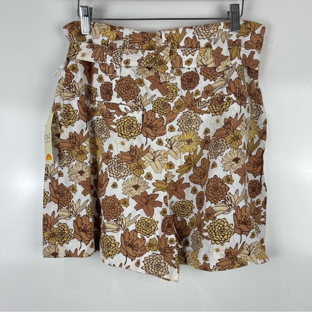 NEW C&C California Brown Floral Linen Paperbag High Waist Shorts Women's Size 6 - Picture 2 of 7